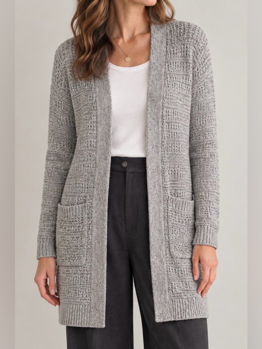 ❤️ Open Front Textured Relaxed Fit Pockets Cardigan Sweater